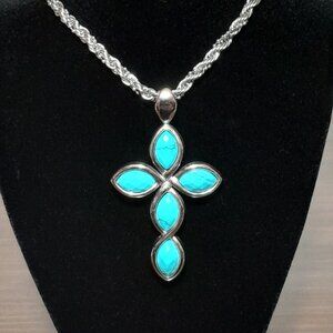 EDFORCE Cross Pendant Necklace Stainless Steel Faux Turquoise Southwestern Style